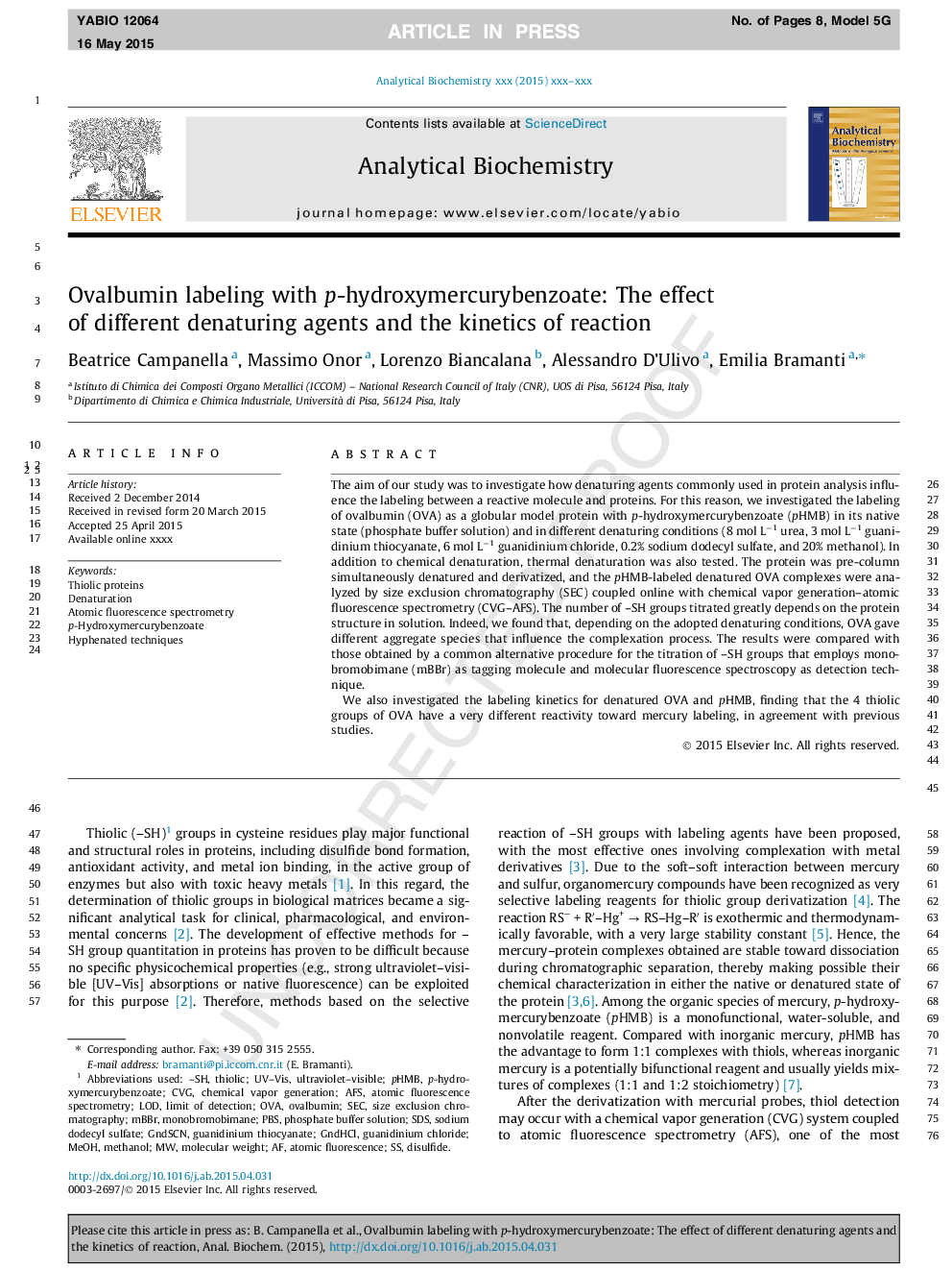 Ovalbumin labeling with p-hydroxymercurybenzoate: The effect of different denaturing agents and the kinetics of reaction