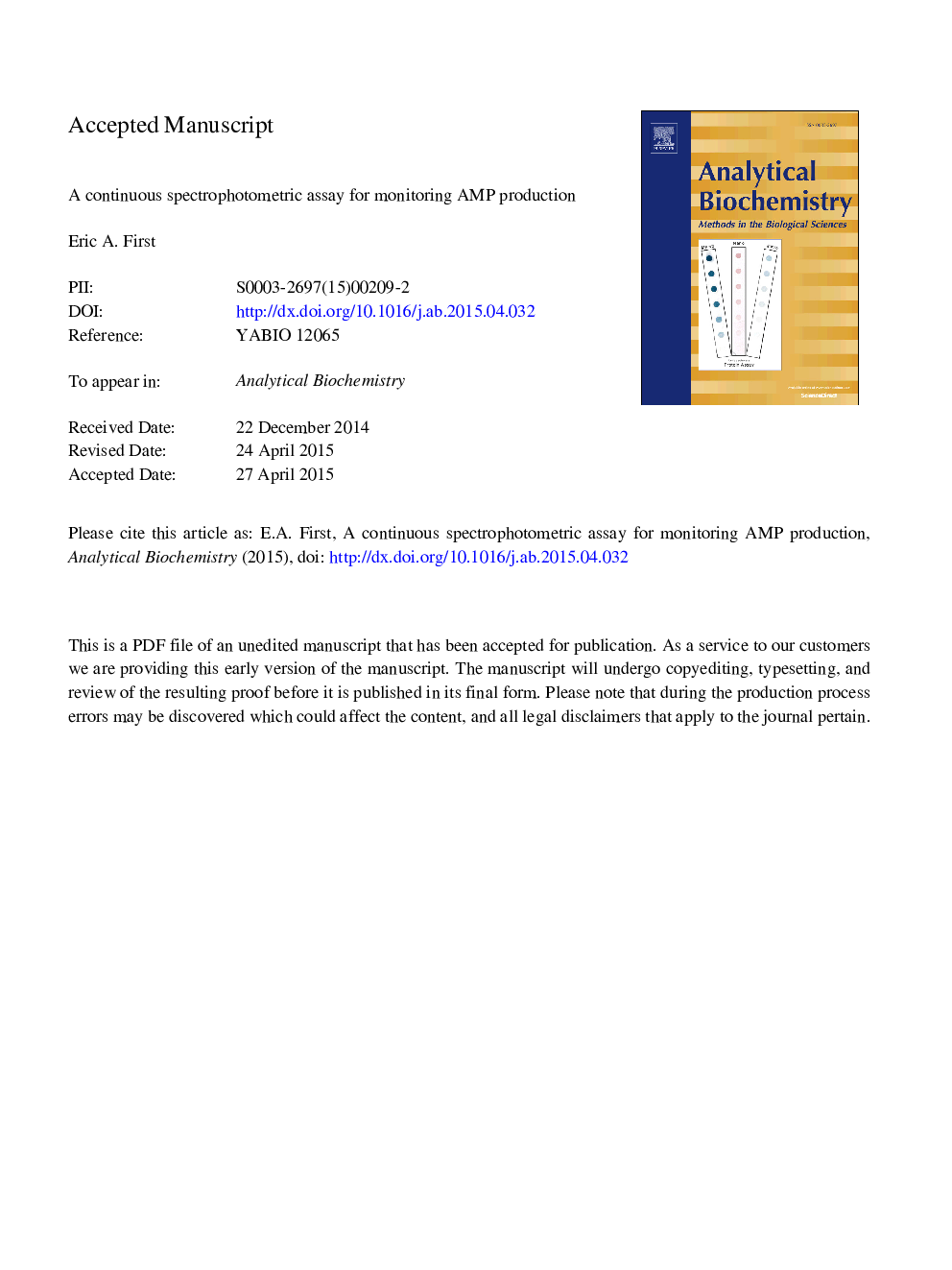 A continuous spectrophotometric assay for monitoring adenosine 5â²-monophosphate production