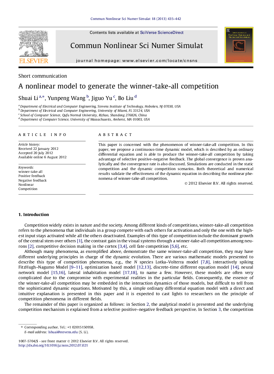 A nonlinear model to generate the winner-take-all competition