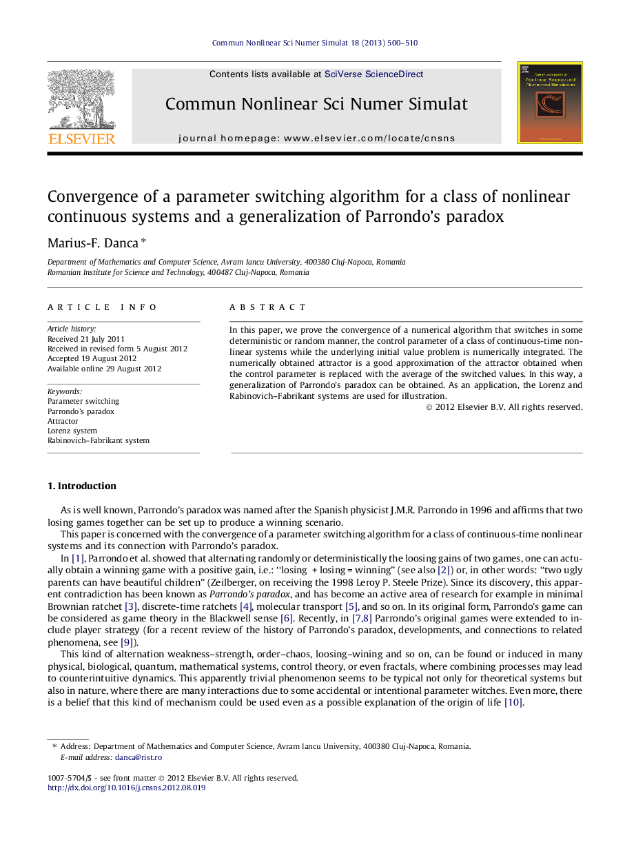 Convergence of a parameter switching algorithm for a class of nonlinear continuous systems and a generalization of Parrondo’s paradox