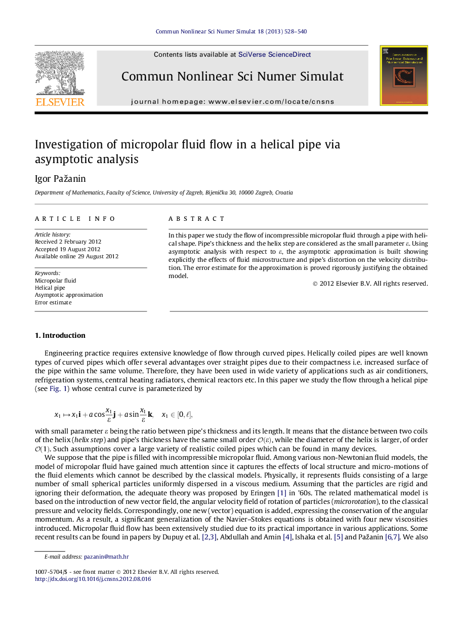 Investigation of micropolar fluid flow in a helical pipe via asymptotic analysis