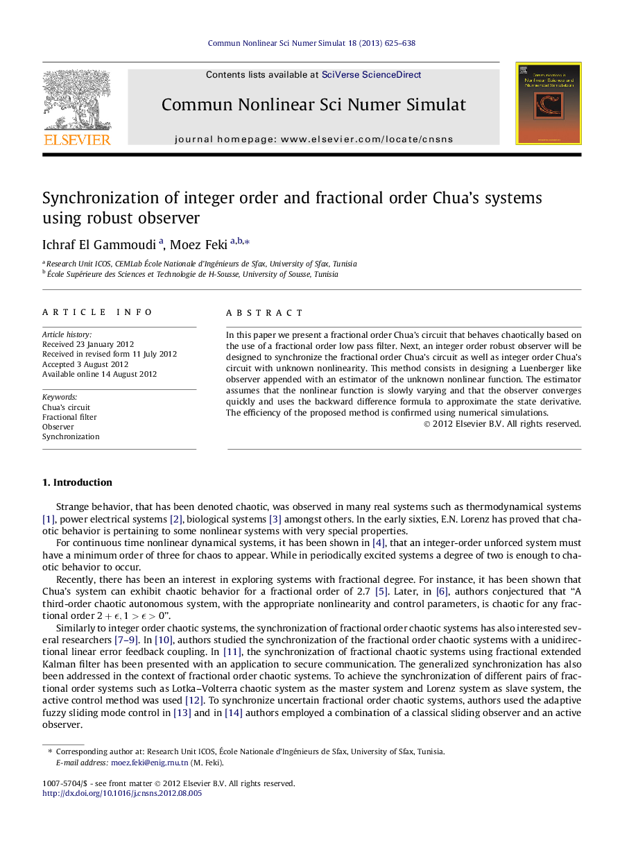 Synchronization of integer order and fractional order Chua’s systems using robust observer