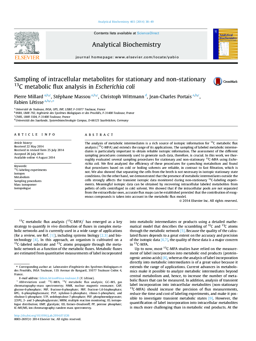 Sampling of intracellular metabolites for stationary and non-stationary 13C metabolic flux analysis in Escherichia coli