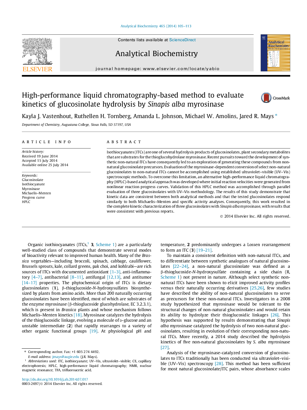 High-performance liquid chromatography-based method to evaluate kinetics of glucosinolate hydrolysis by Sinapis alba myrosinase