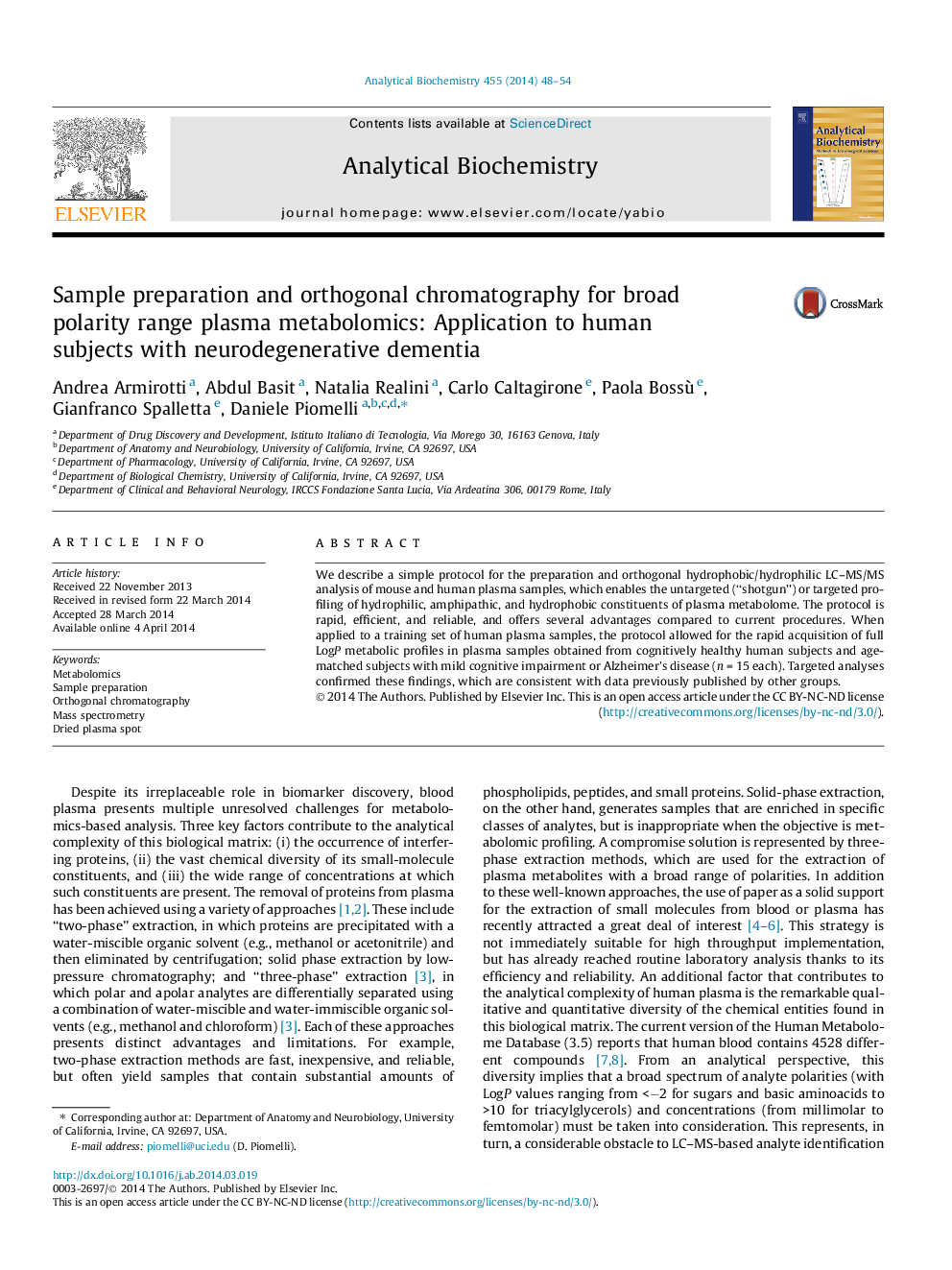 Sample preparation and orthogonal chromatography for broad polarity range plasma metabolomics: Application to human subjects with neurodegenerative dementia