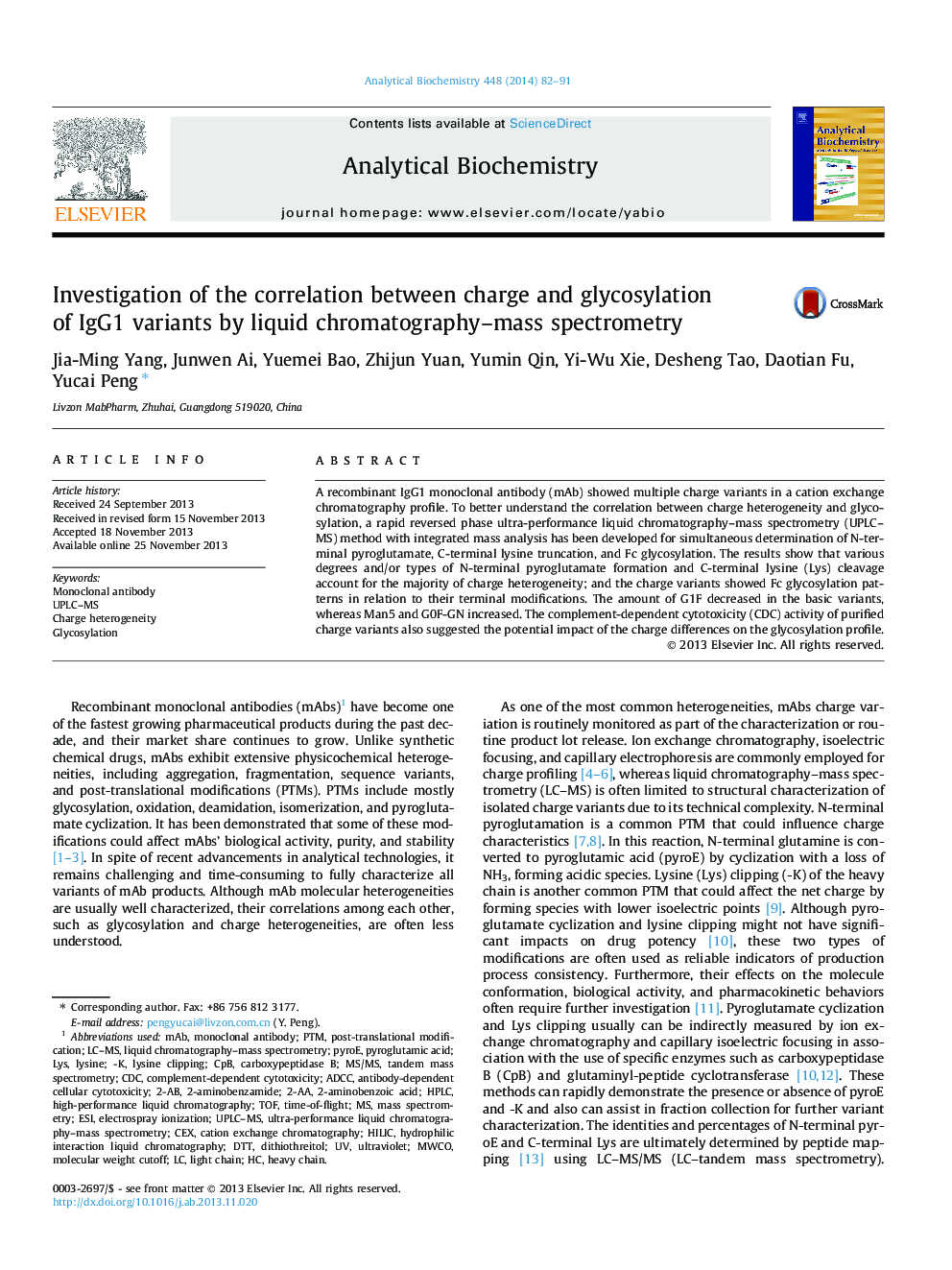 Investigation of the correlation between charge and glycosylation of IgG1 variants by liquid chromatography-mass spectrometry