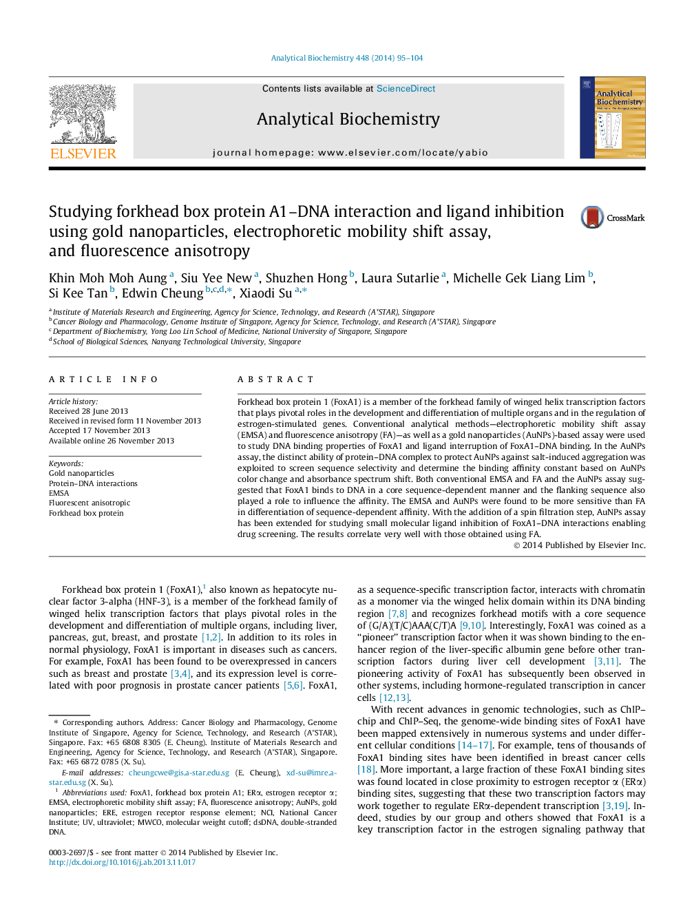 Studying forkhead box protein A1-DNA interaction and ligand inhibition using gold nanoparticles, electrophoretic mobility shift assay, and fluorescence anisotropy