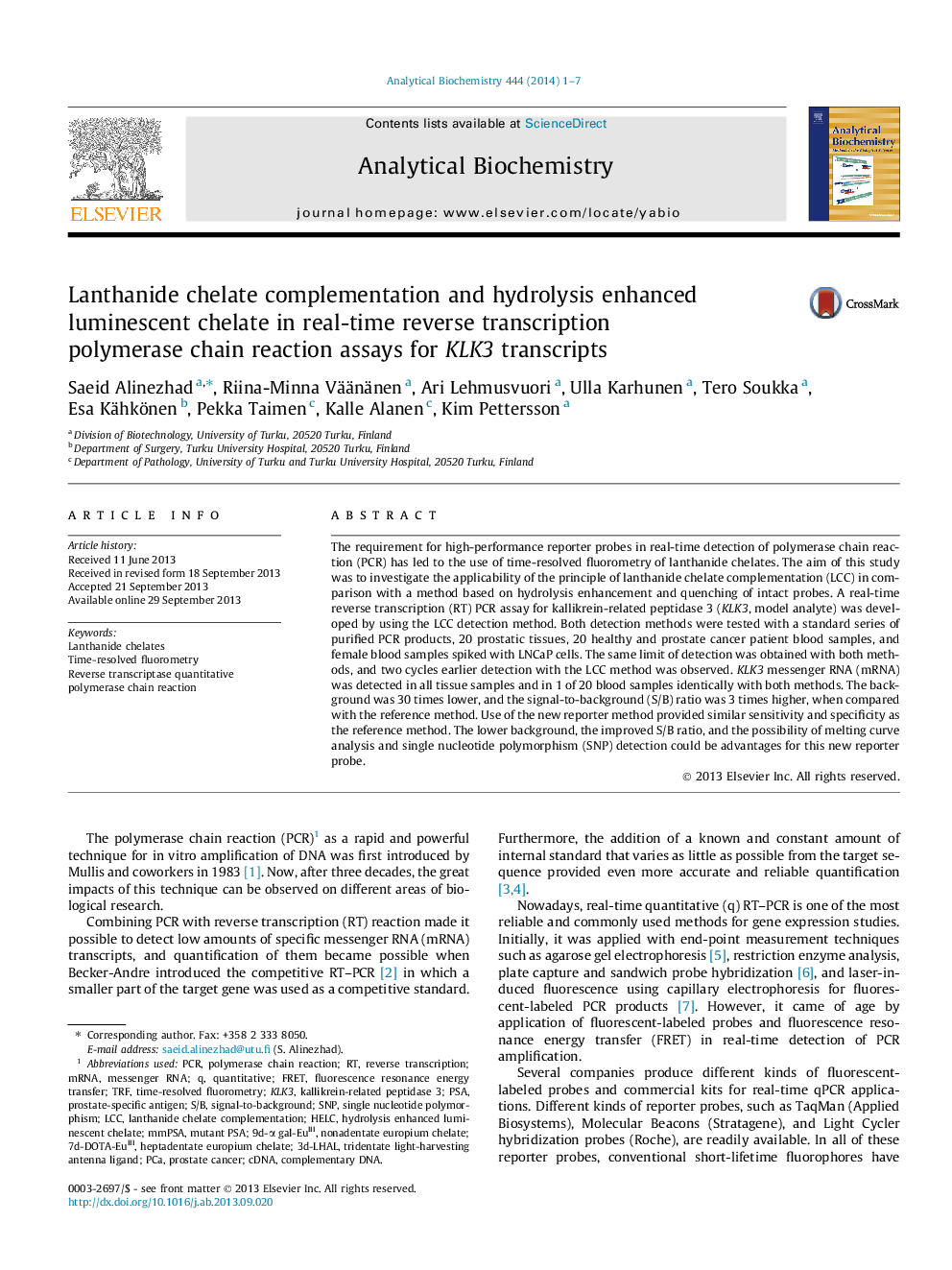 Lanthanide chelate complementation and hydrolysis enhanced luminescent chelate in real-time reverse transcription polymerase chain reaction assays for KLK3 transcripts