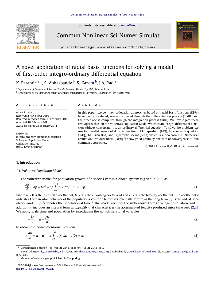 A novel application of radial basis functions for solving a model of first-order integro-ordinary differential equation