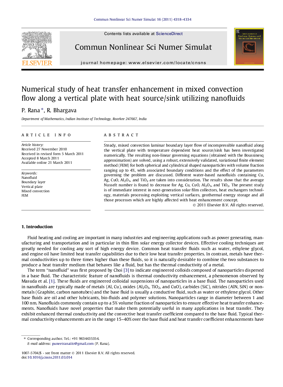 Numerical study of heat transfer enhancement in mixed convection flow along a vertical plate with heat source/sink utilizing nanofluids