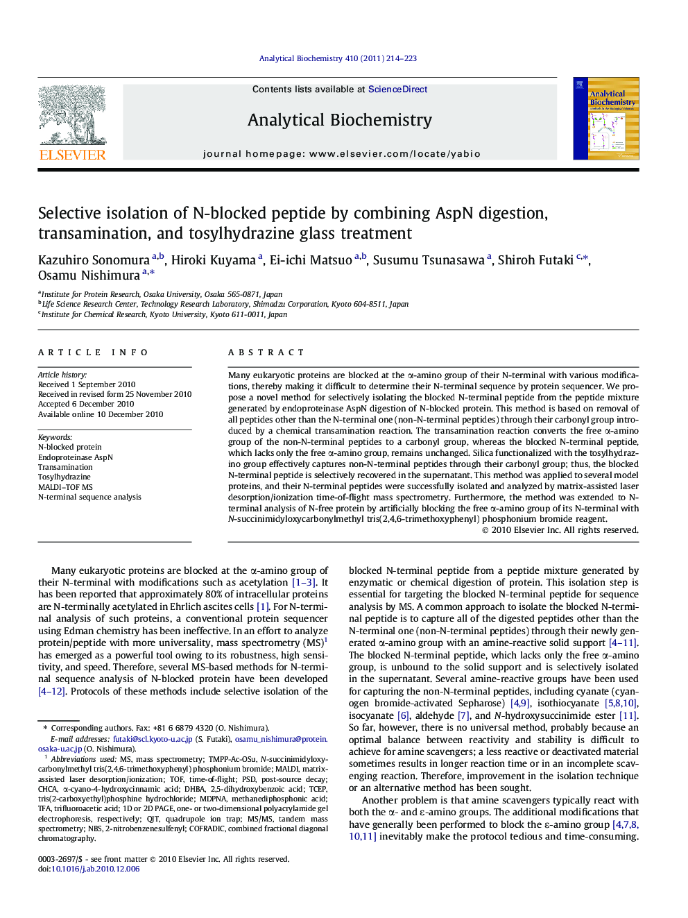 Selective isolation of N-blocked peptide by combining AspN digestion, transamination, and tosylhydrazine glass treatment