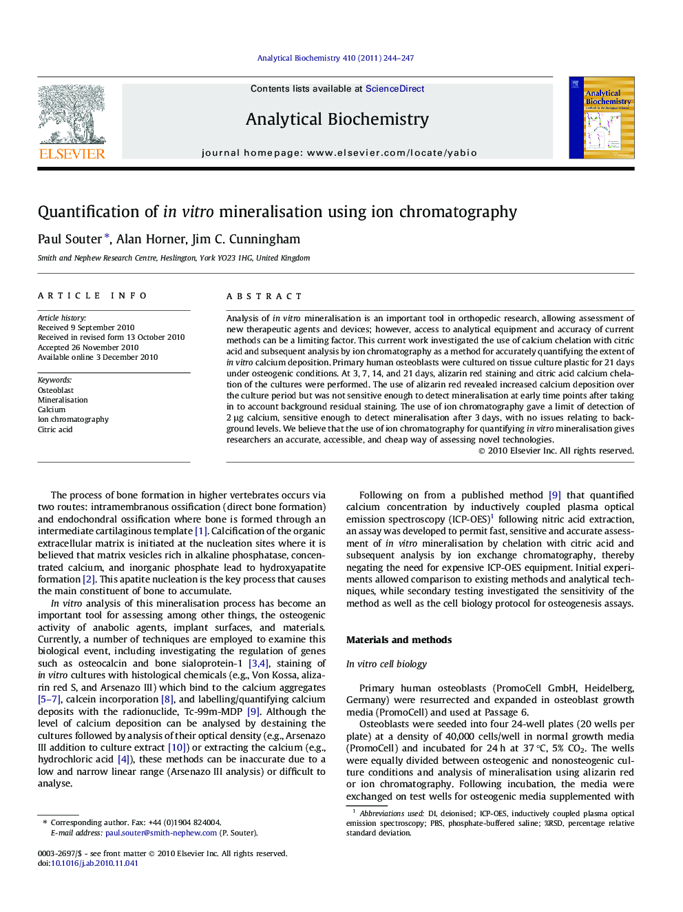 Quantification of in vitro mineralisation using ion chromatography