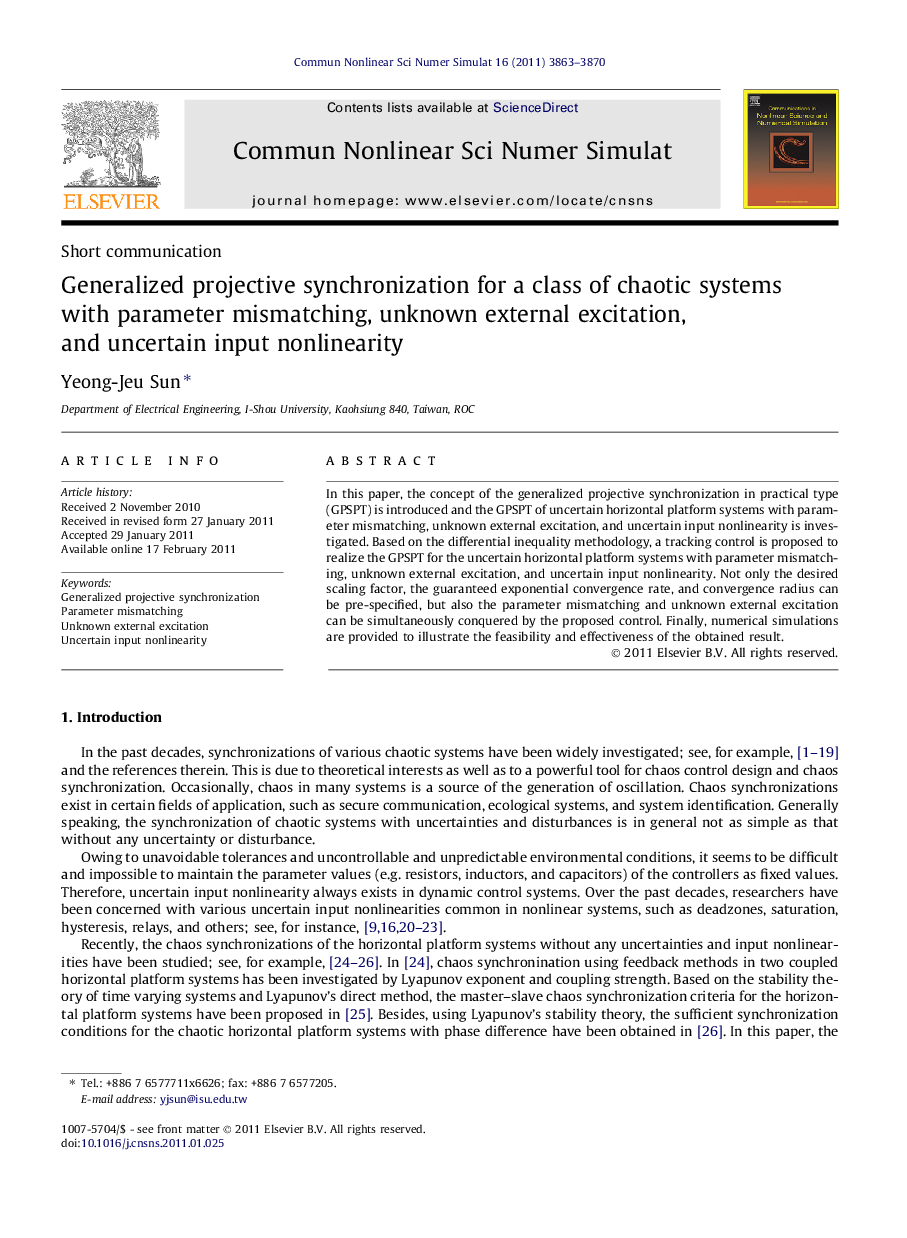 Generalized projective synchronization for a class of chaotic systems with parameter mismatching, unknown external excitation, and uncertain input nonlinearity