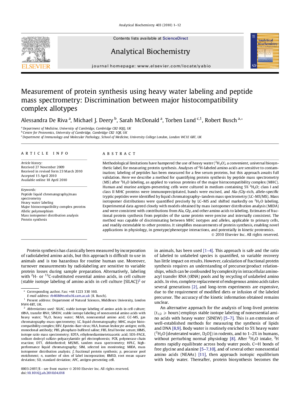 Measurement of protein synthesis using heavy water labeling and peptide mass spectrometry: Discrimination between major histocompatibility complex allotypes