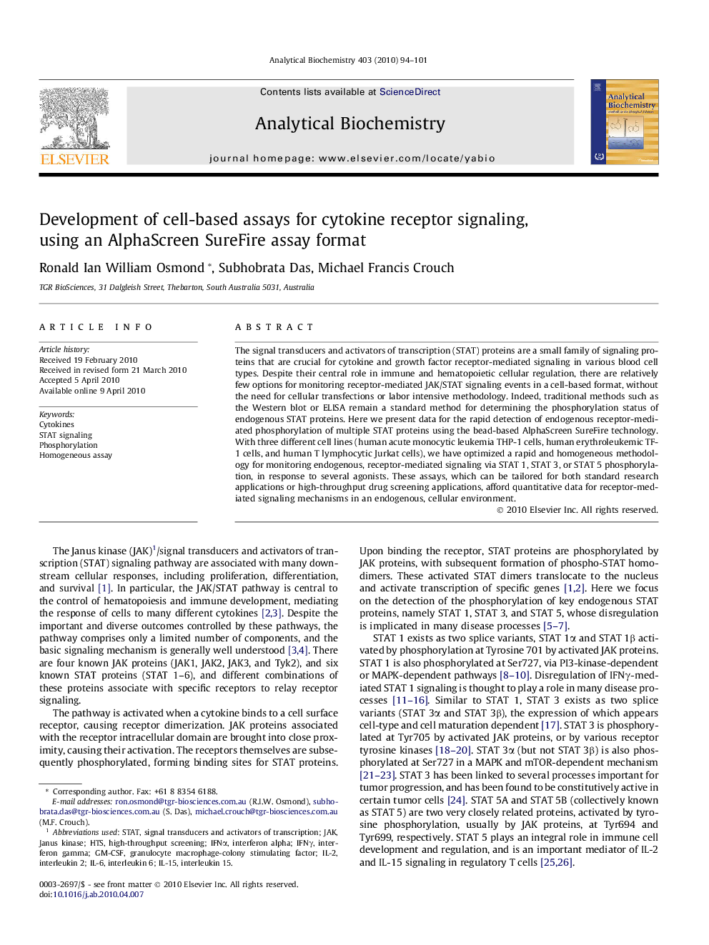 Development of cell-based assays for cytokine receptor signaling, using an AlphaScreen SureFire assay format