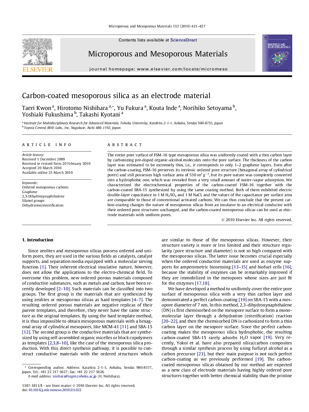 Carbon-coated mesoporous silica as an electrode material