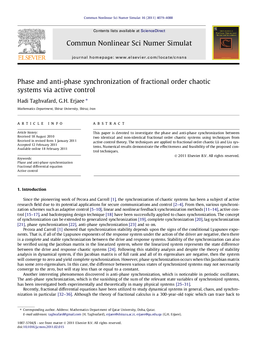 Phase and anti-phase synchronization of fractional order chaotic systems via active control