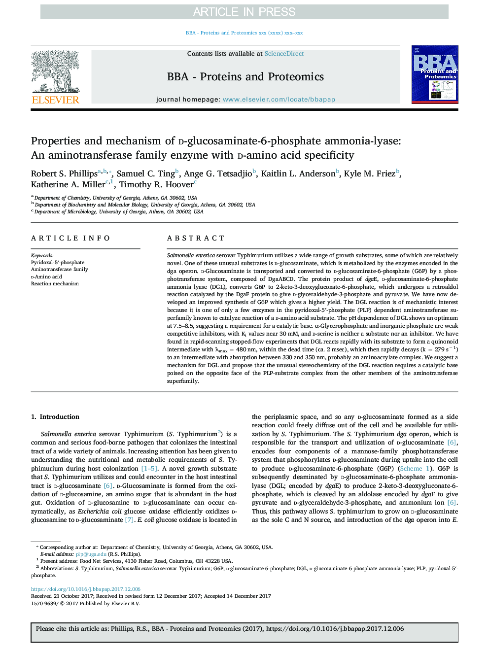 Properties and mechanism of d-glucosaminate-6-phosphate ammonia-lyase: An aminotransferase family enzyme with d-amino acid specificity