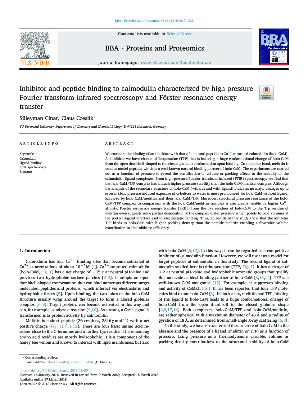 Inhibitor and peptide binding to calmodulin characterized by high pressure Fourier transform infrared spectroscopy and Förster resonance energy transfer