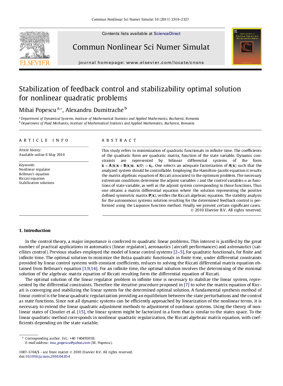 Stabilization of feedback control and stabilizability optimal solution for nonlinear quadratic problems