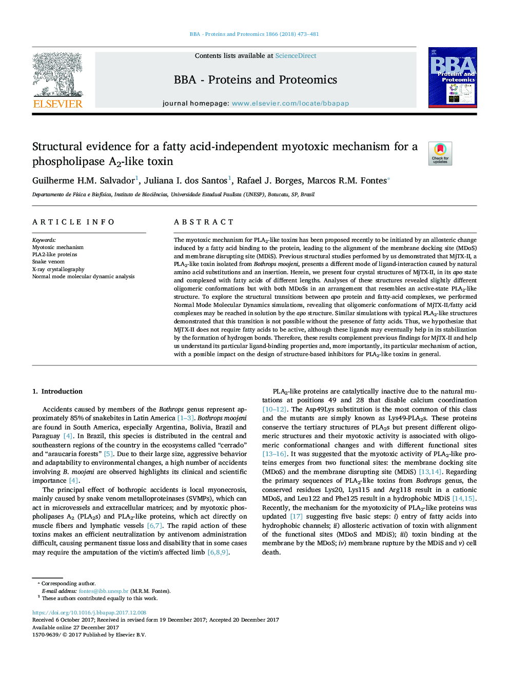 Structural evidence for a fatty acid-independent myotoxic mechanism for a phospholipase A2-like toxin