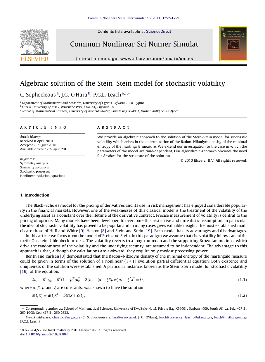 Algebraic solution of the Stein–Stein model for stochastic volatility