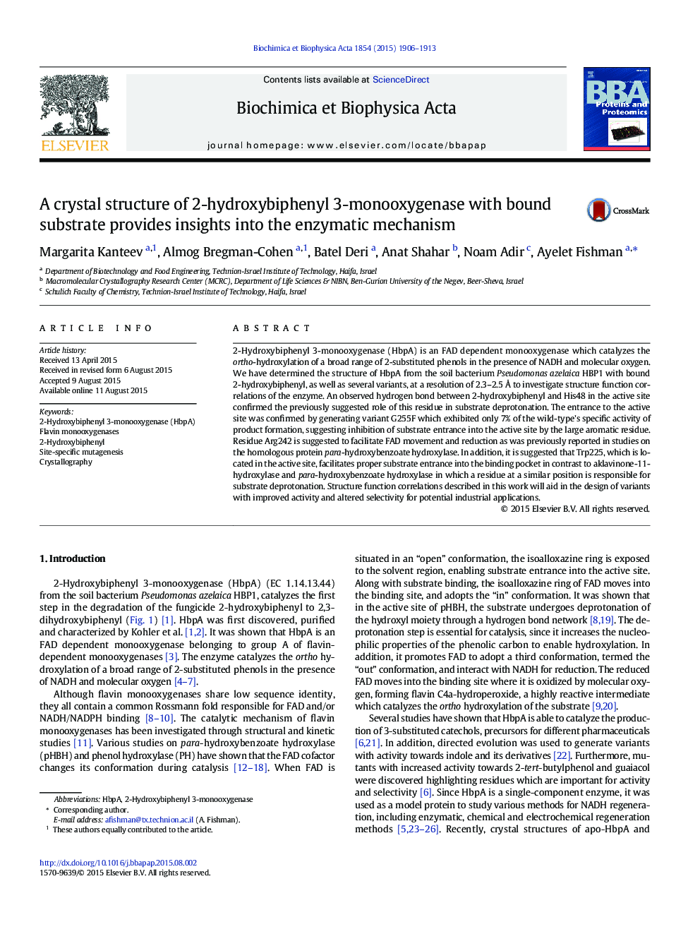 A crystal structure of 2-hydroxybiphenyl 3-monooxygenase with bound substrate provides insights into the enzymatic mechanism