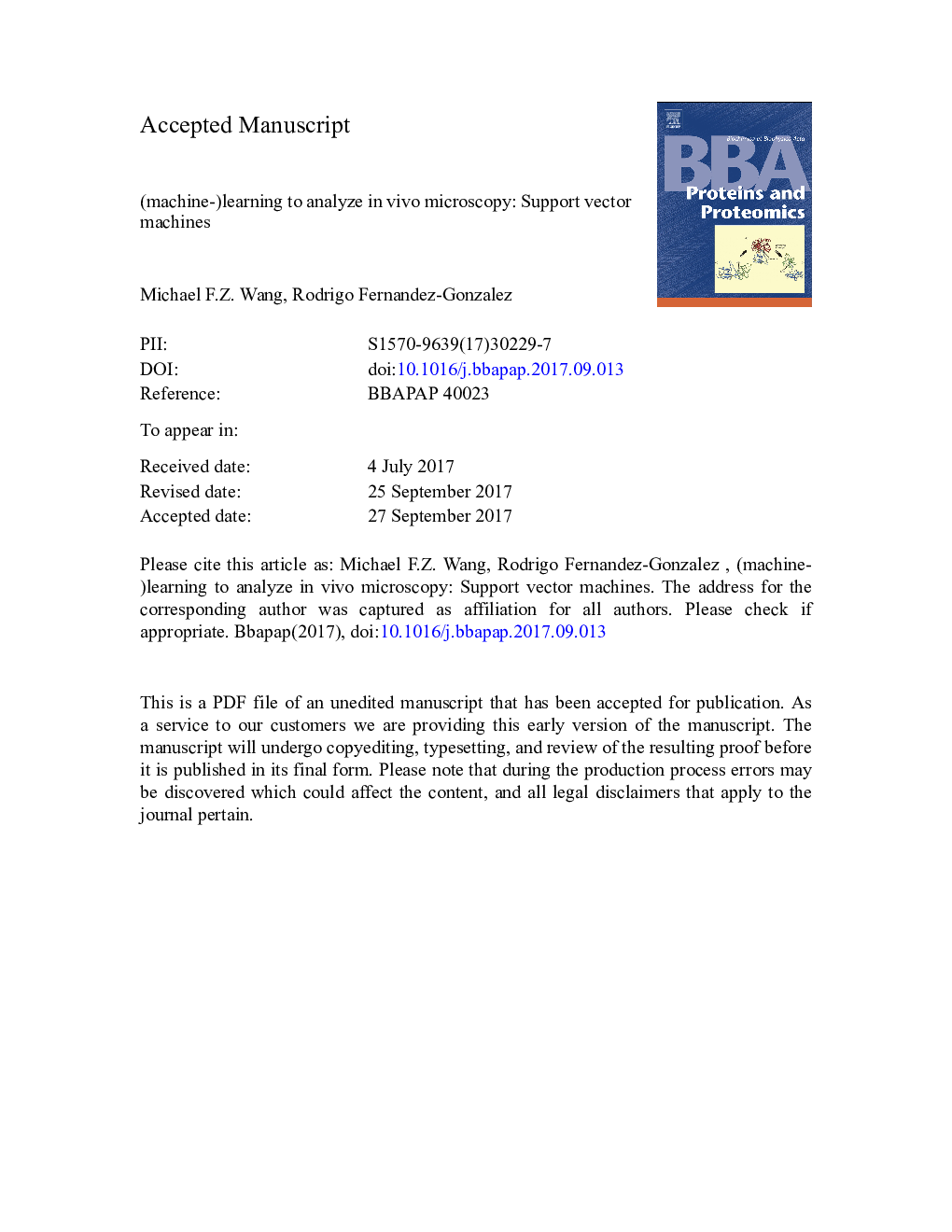 (Machine-)Learning to analyze in vivo microscopy: Support vector machines