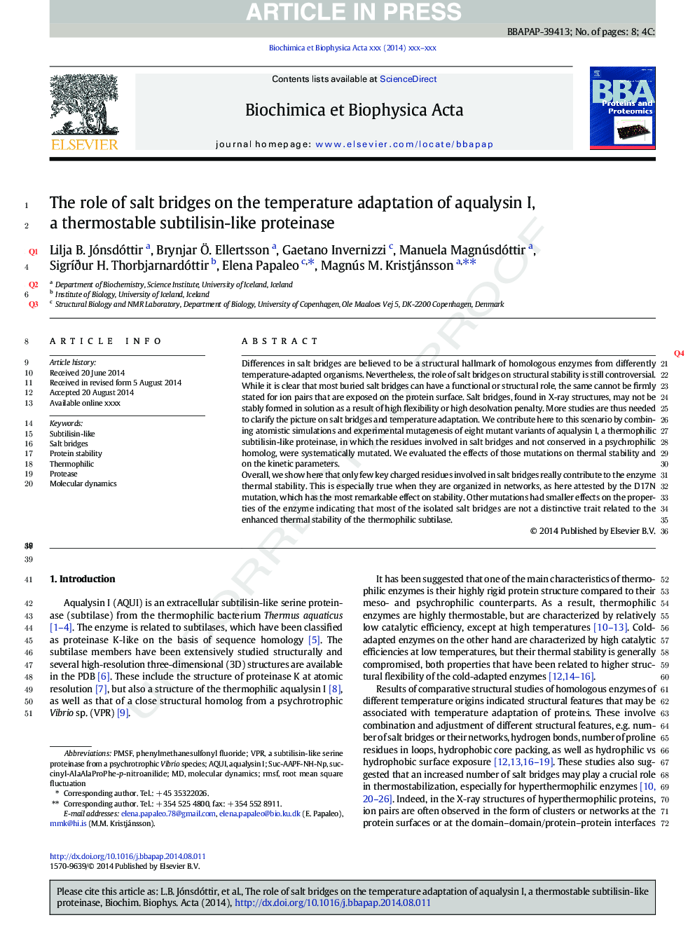The role of salt bridges on the temperature adaptation of aqualysin I, a thermostable subtilisin-like proteinase