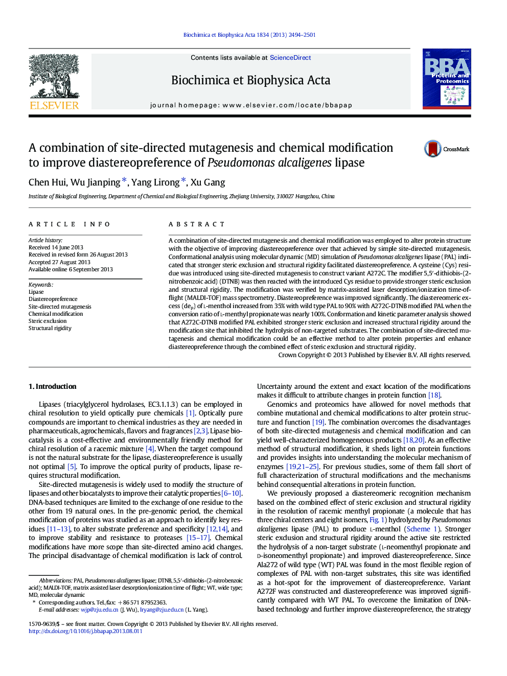 A combination of site-directed mutagenesis and chemical modification to improve diastereopreference of Pseudomonas alcaligenes lipase