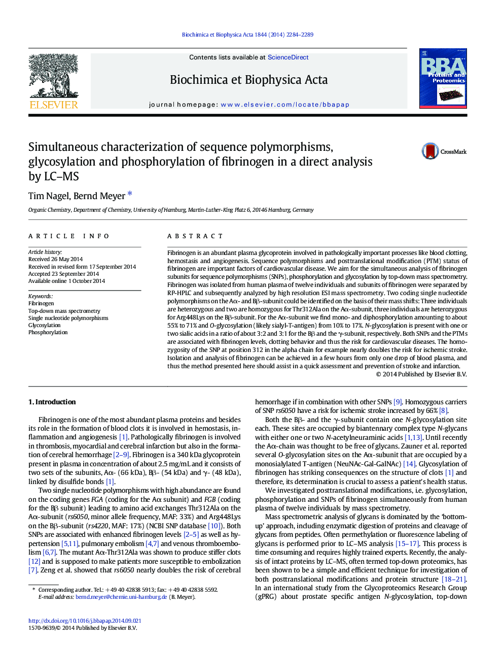 Simultaneous characterization of sequence polymorphisms, glycosylation and phosphorylation of fibrinogen in a direct analysis by LC-MS