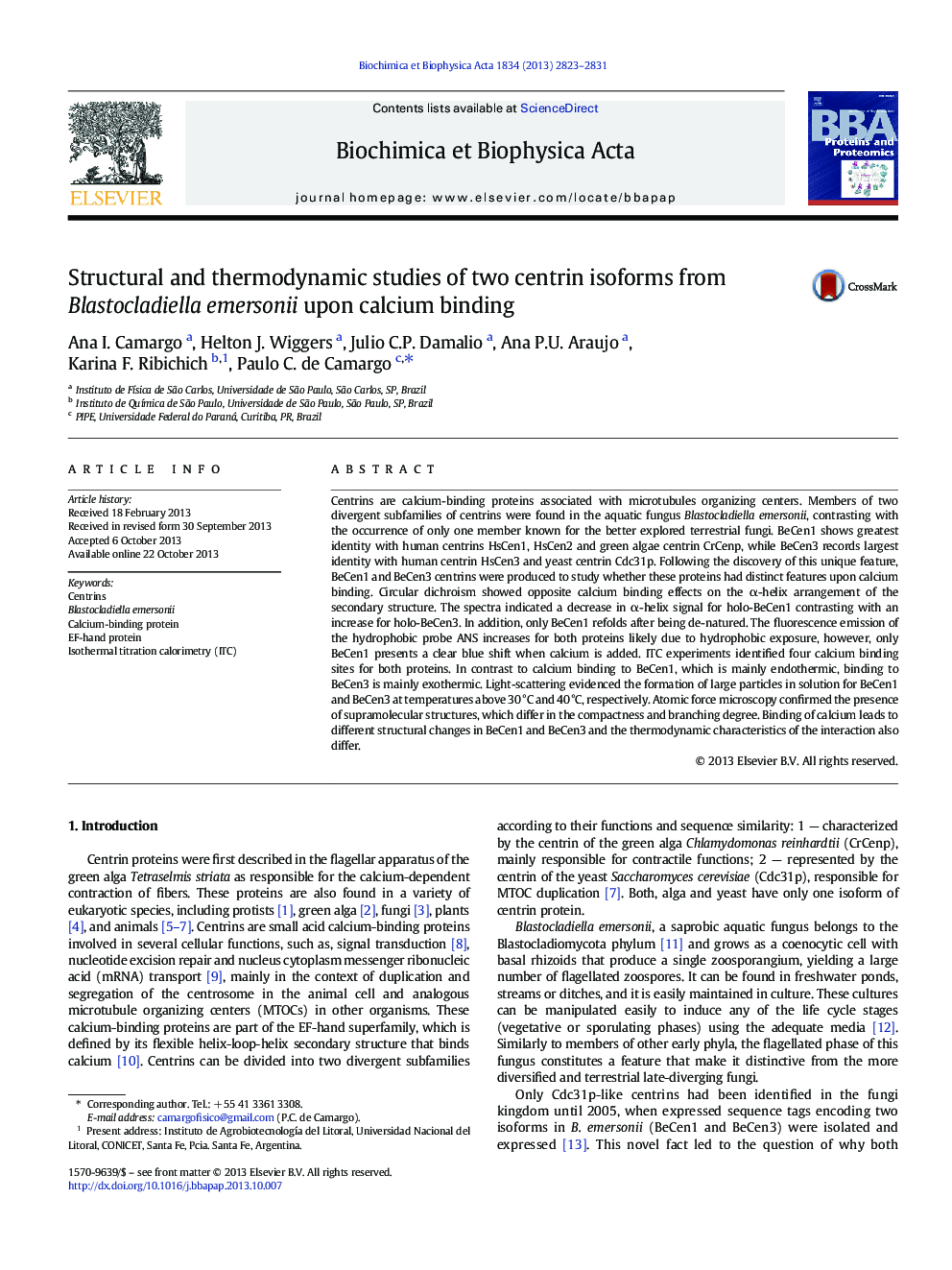 Structural and thermodynamic studies of two centrin isoforms from Blastocladiella emersonii upon calcium binding