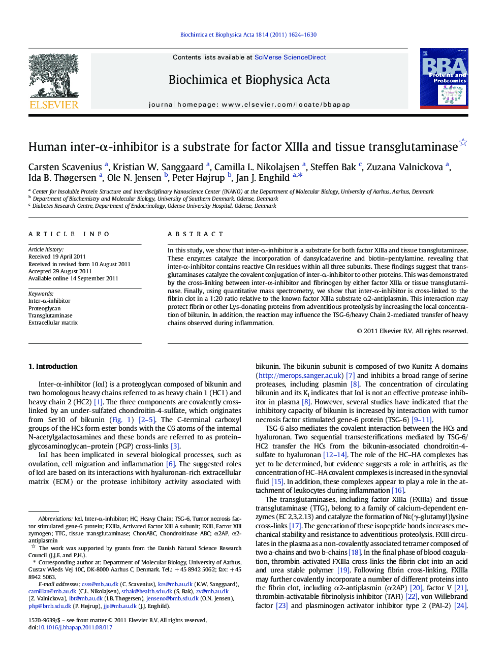 Human inter-Î±-inhibitor is a substrate for factor XIIIa and tissue transglutaminase