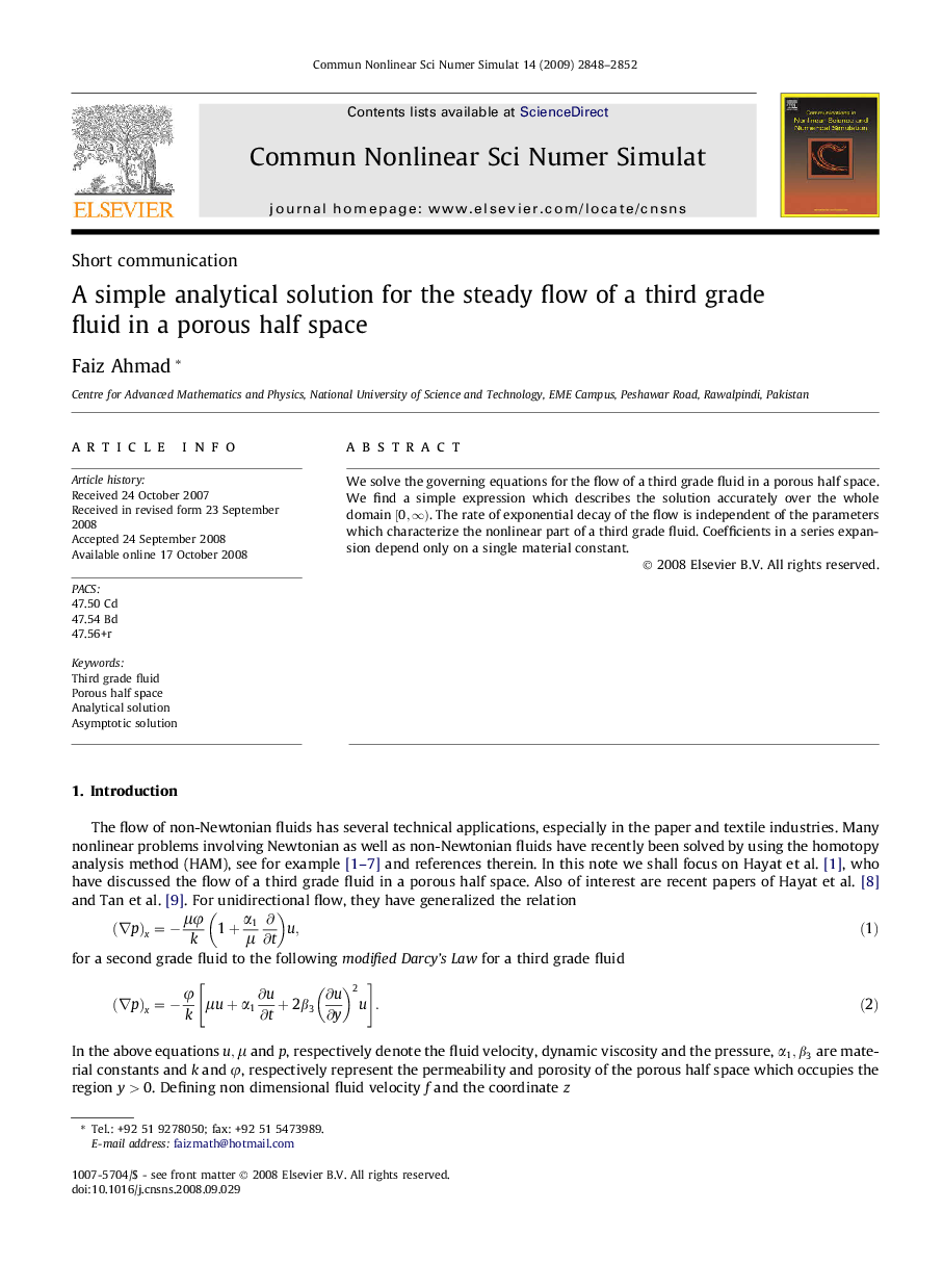 A simple analytical solution for the steady flow of a third grade fluid in a porous half space