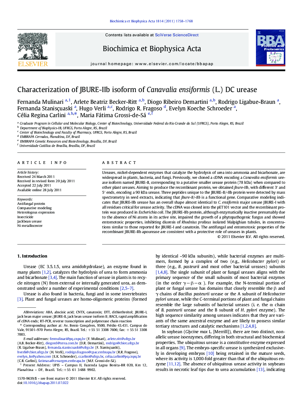 Characterization of JBURE-IIb isoform of Canavalia ensiformis (L.) DC urease