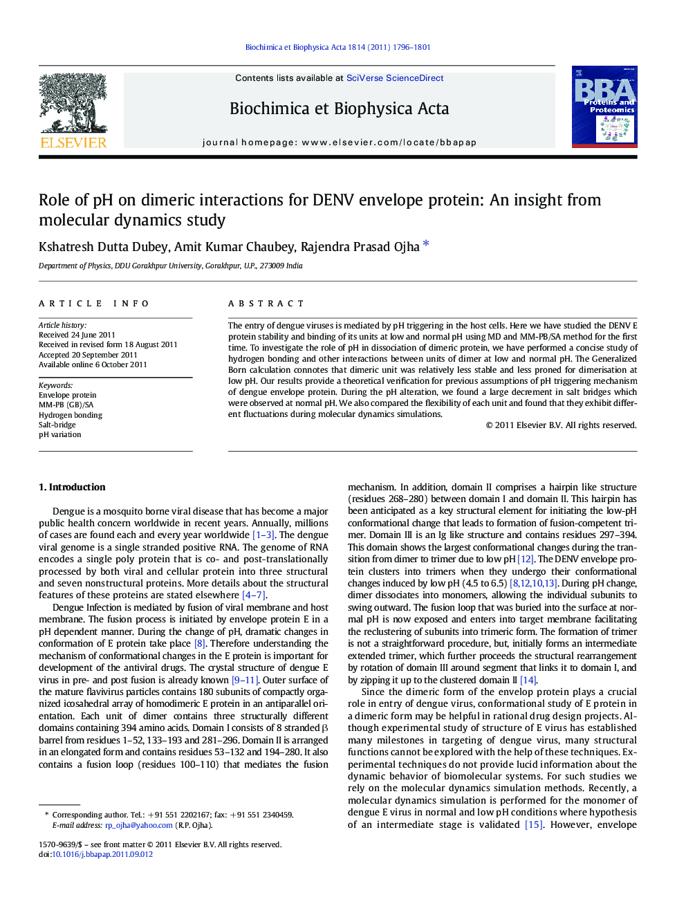 Role of pH on dimeric interactions for DENV envelope protein: An insight from molecular dynamics study