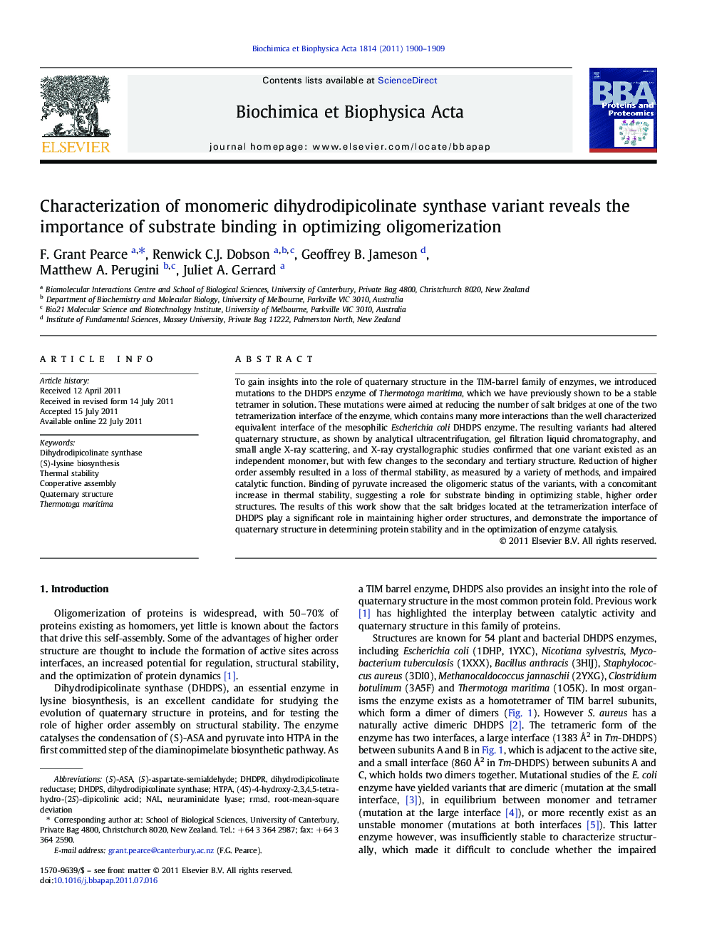 Characterization of monomeric dihydrodipicolinate synthase variant reveals the importance of substrate binding in optimizing oligomerization