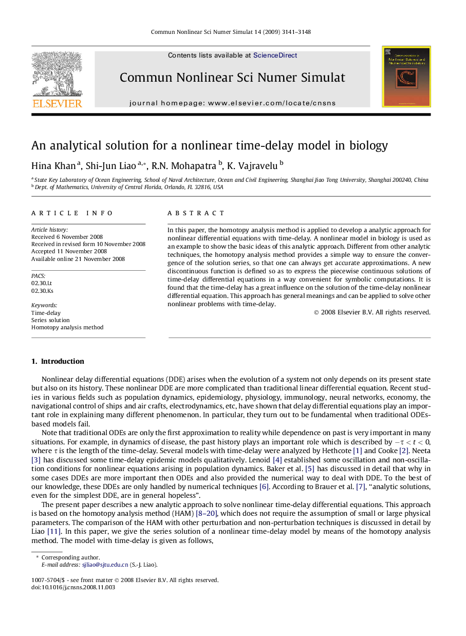 An analytical solution for a nonlinear time-delay model in biology