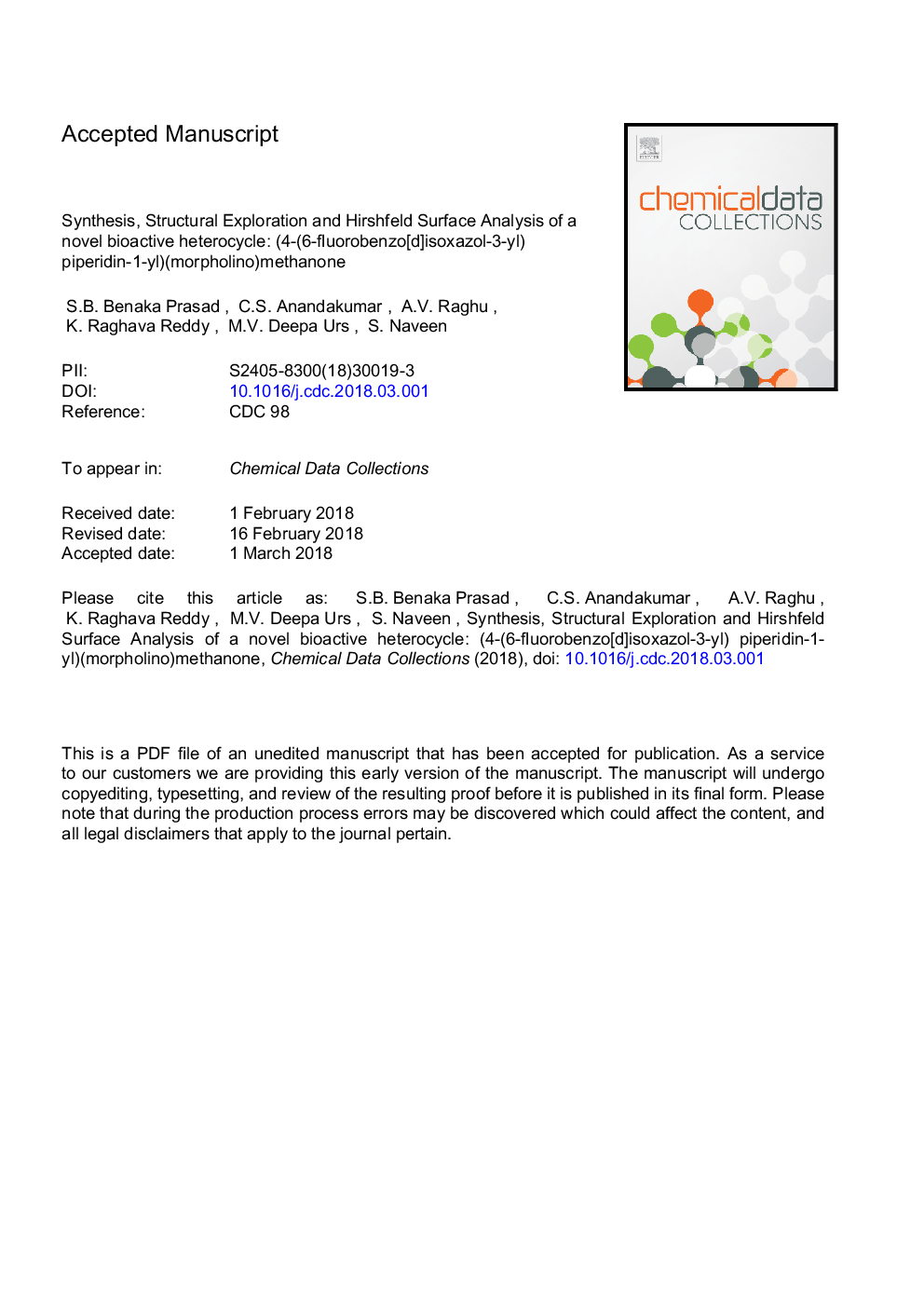 Synthesis, structural exploration and Hirshfeld surface analysis of a novel bioactive heterocycle: (4-(6-Fluorobenzo[d]isoxazol-3-yl) piperidin-1-yl)(morpholino)methanone