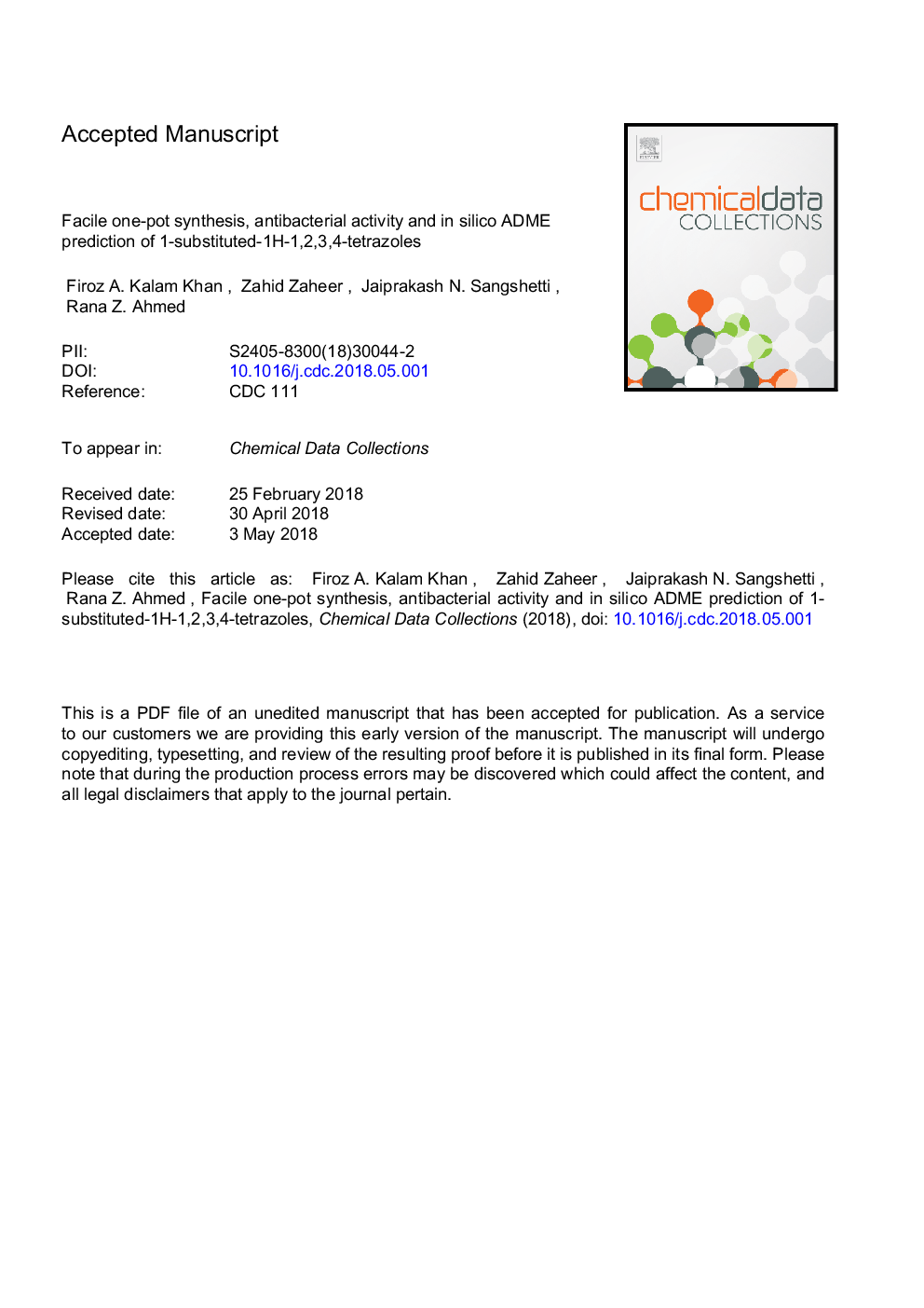 Facile one-pot synthesis, antibacterial activity and in silico ADME prediction of 1-substituted-1H-1,2,3,4-tetrazoles