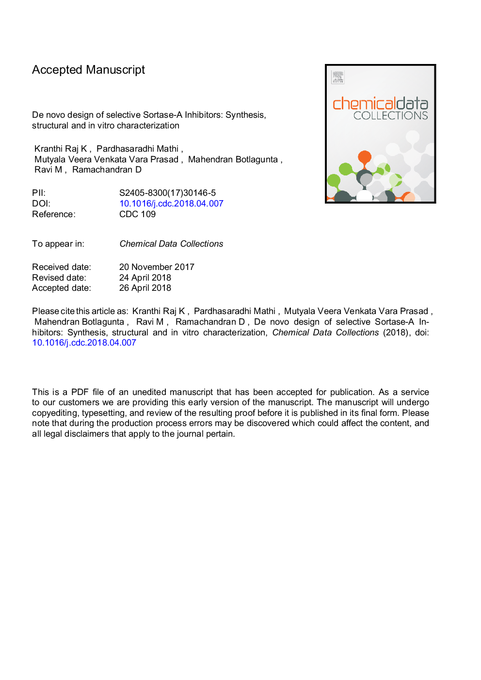 De novo design of selective Sortase-A inhibitors: Synthesis, structural and in vitro characterization