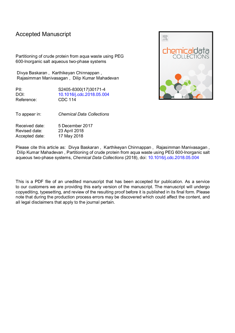 Partitioning of crude protein from aqua waste using PEG 600-inorganic salt Aqueous Two-Phase Systems