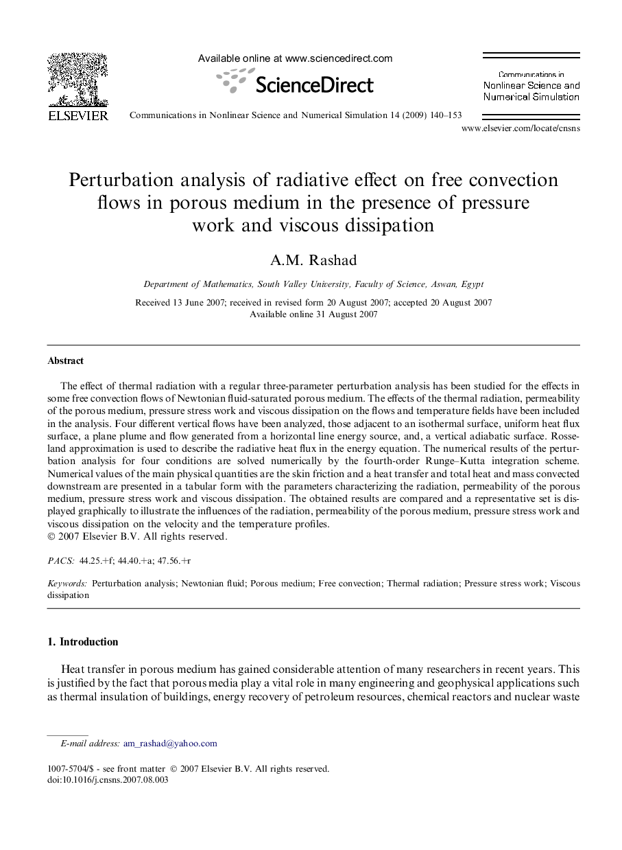 Perturbation analysis of radiative effect on free convection flows in porous medium in the presence of pressure work and viscous dissipation