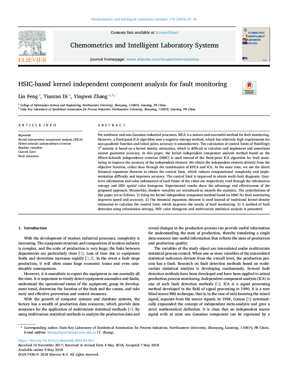 HSIC-based kernel independent component analysis for fault monitoring