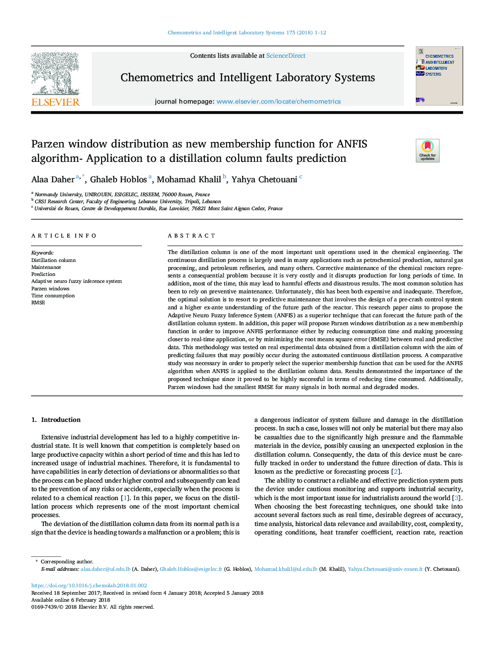 Parzen window distribution as new membership function for ANFIS algorithm- Application to a distillation column faults prediction