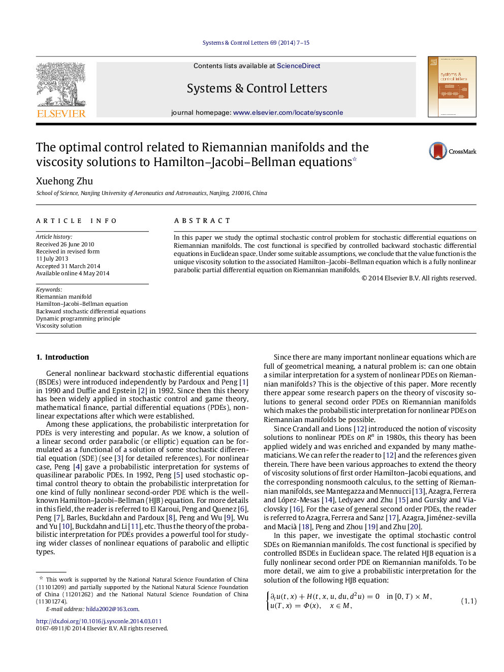 The optimal control related to Riemannian manifolds and the viscosity solutions to Hamilton–Jacobi–Bellman equations 