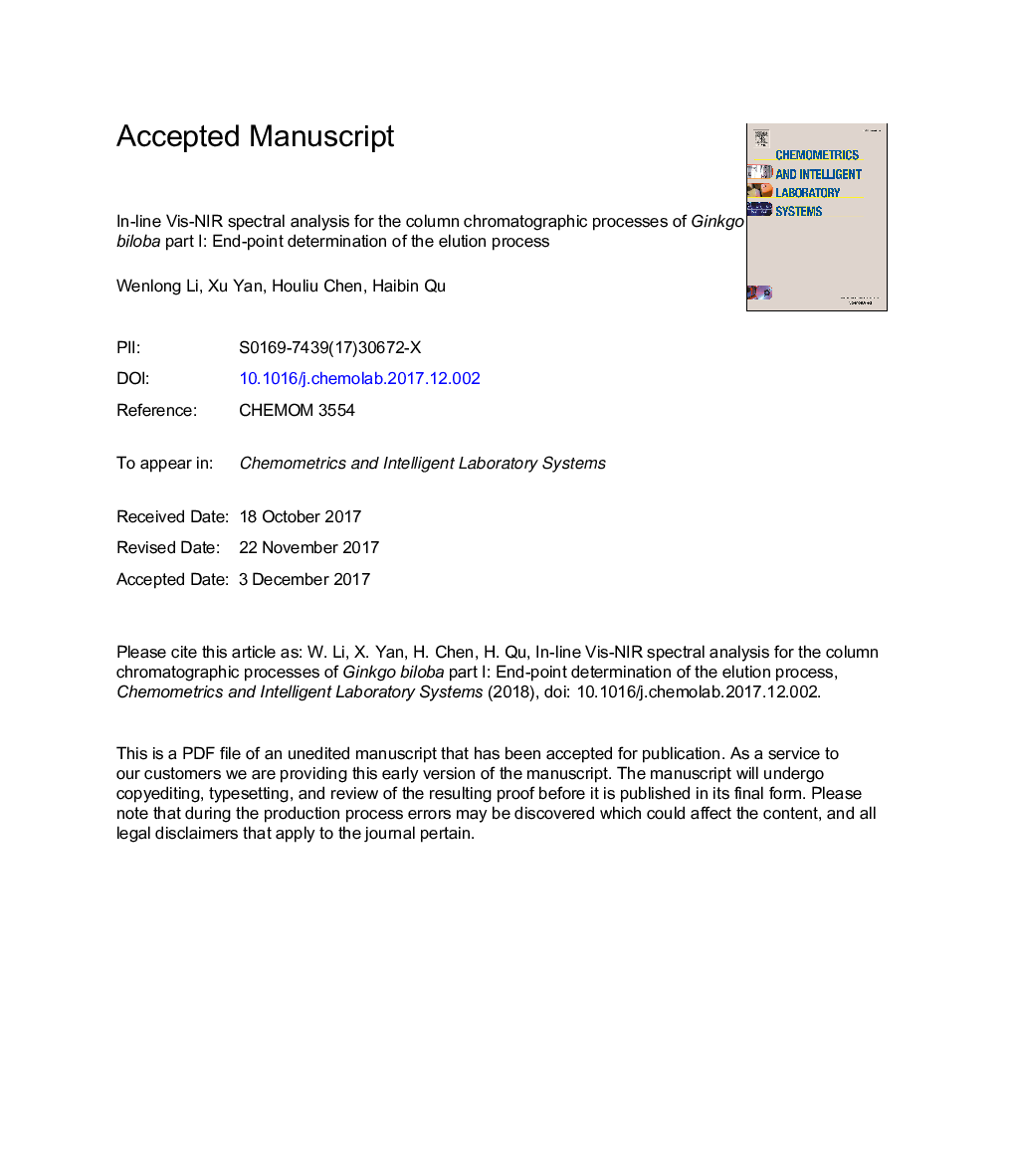 In-line Vis-NIR spectral analysis for the column chromatographic processes of Ginkgo biloba part I: End-point determination of the elution process