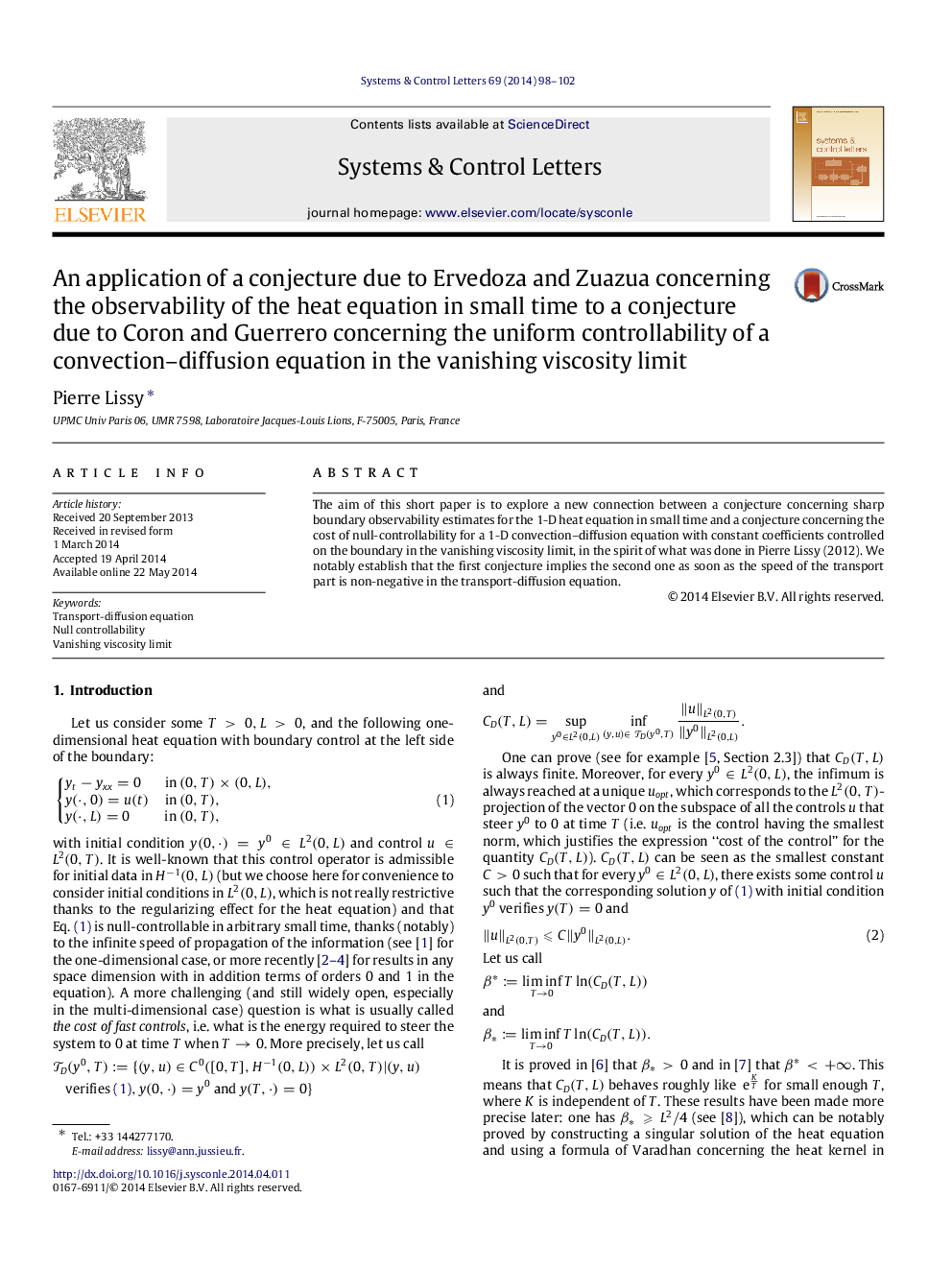 An application of a conjecture due to Ervedoza and Zuazua concerning the observability of the heat equation in small time to a conjecture due to Coron and Guerrero concerning the uniform controllability of a convection–diffusion equation in the vanishing 