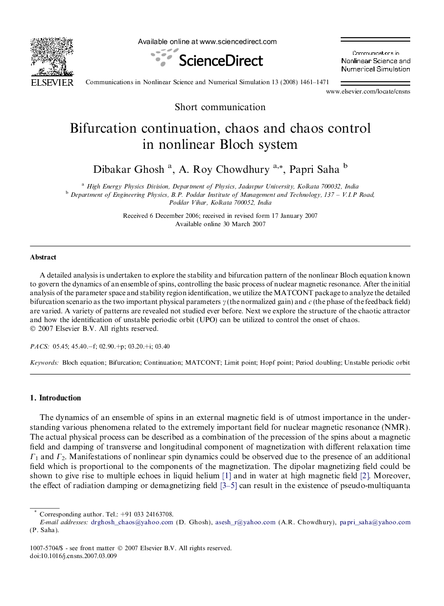 Bifurcation continuation, chaos and chaos control in nonlinear Bloch system