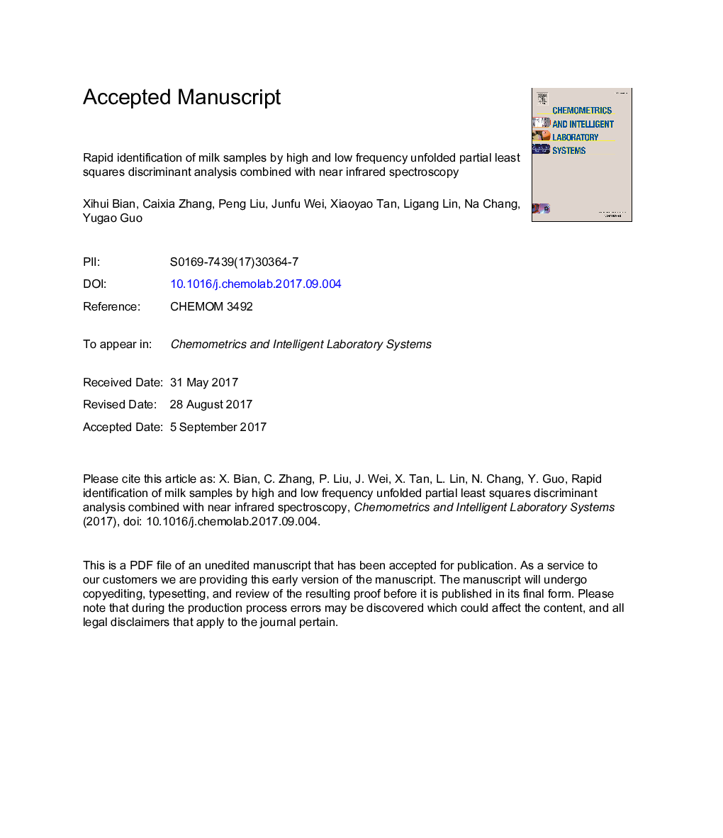 Rapid identification of milk samples by high and low frequency unfolded partial least squares discriminant analysis combined with near-infrared spectroscopy